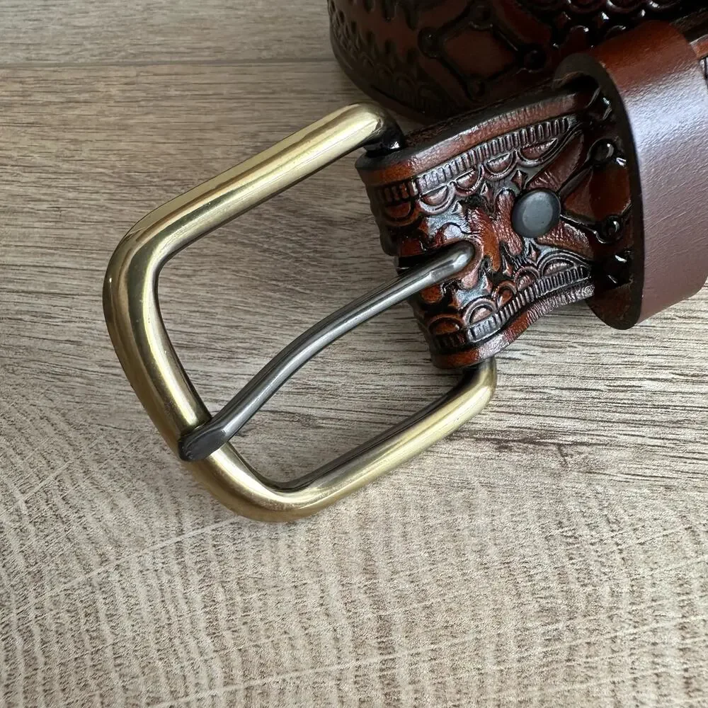 Vintage USA Made Genuine Leather Brown Tooled Belt 44